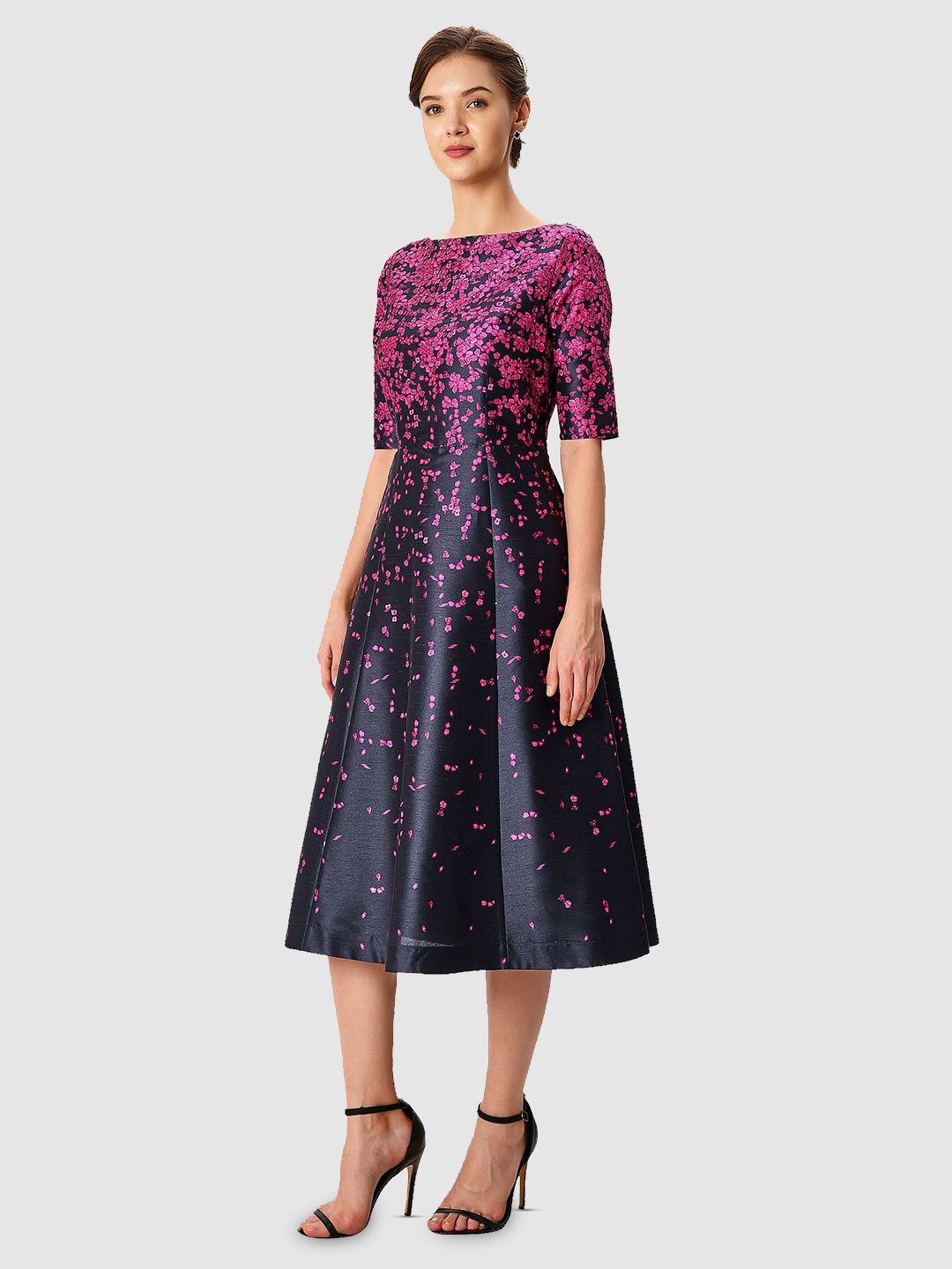 

Zapelle Boat Neck Floral Printed Silk Fit & Flare Midi Dress, Navy blue