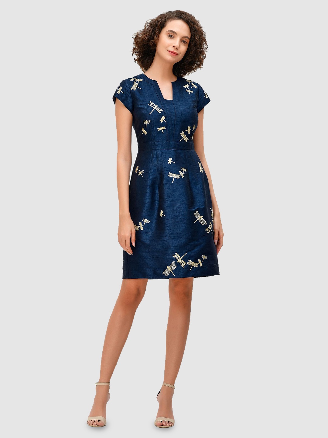 

Zapelle Round Neck Conversational Embroidery Silk A-Line Dress, Navy blue