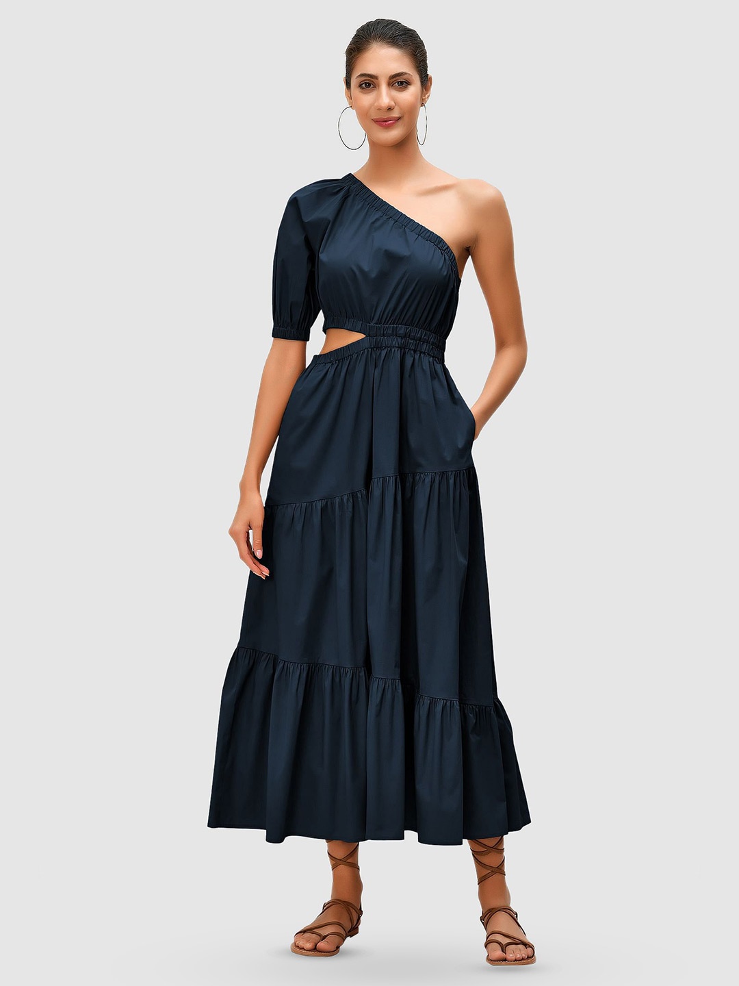 

Zapelle One-Shoulder Tiered Cotton Fit & Flare Midi Dress, Navy blue