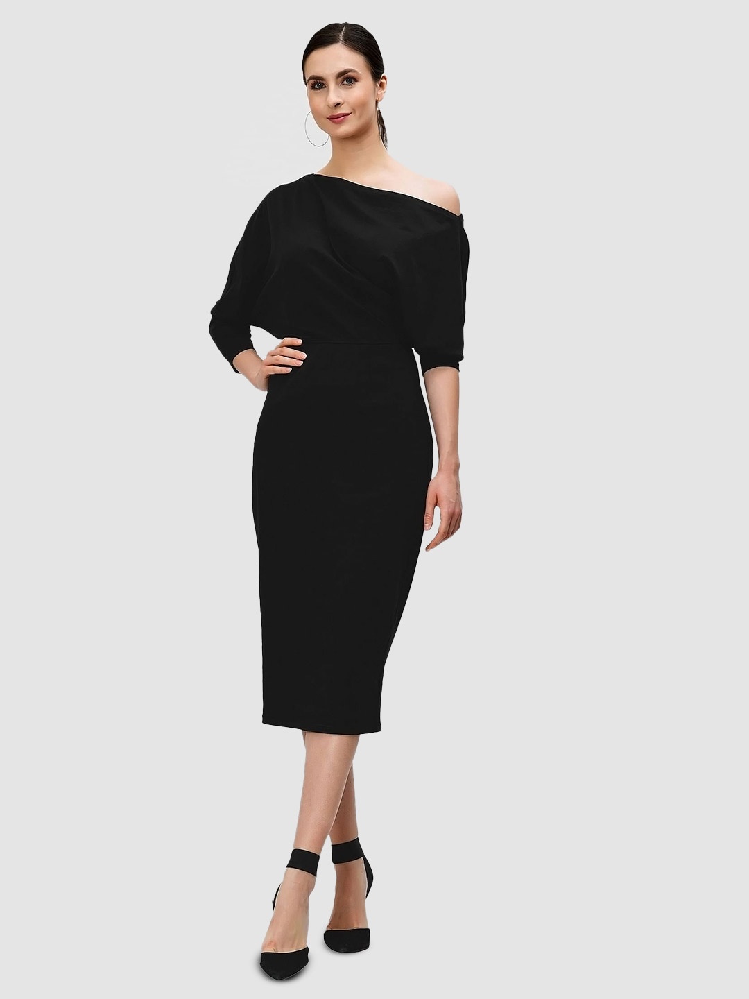

Zapelle Off Shoulder Puff Sleeve Cotton Sheath Dress, Black