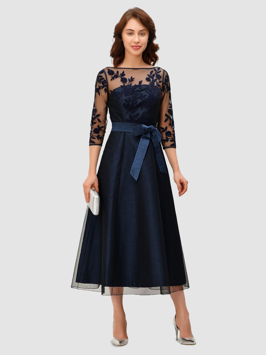 

Zapelle Boat Neck Floral Embroidery A-Line Dress With Belt, Navy blue