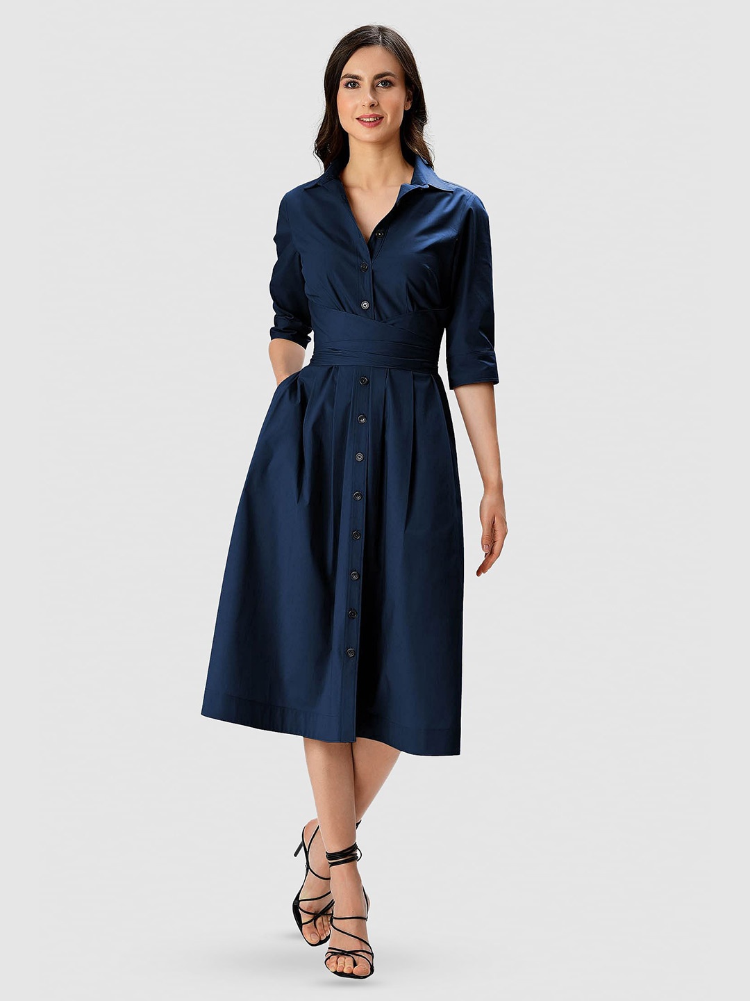 

Zapelle Shirt Collar Bow Cotton Midi Shirt Dress, Navy blue