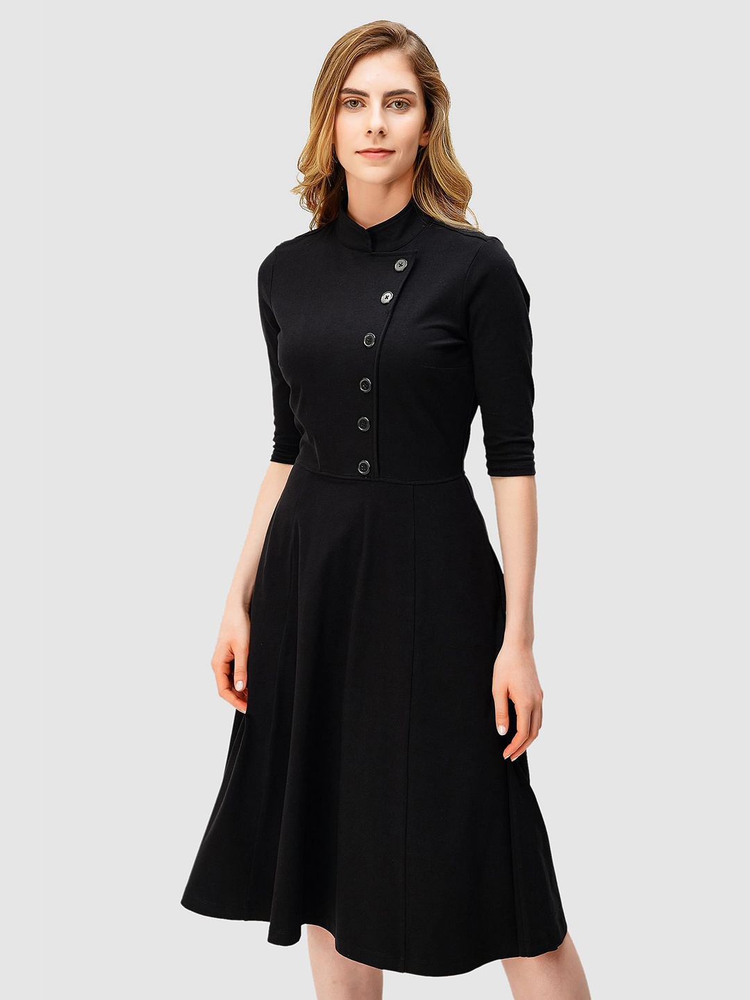 

Zapelle Band Collar Front Button Cotton A-Line Dress, Black
