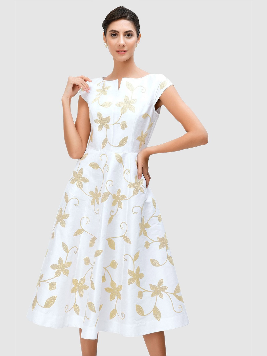 

Zapelle Notch Neck Floral Embroidery Midi Silk A-Line Dress, White