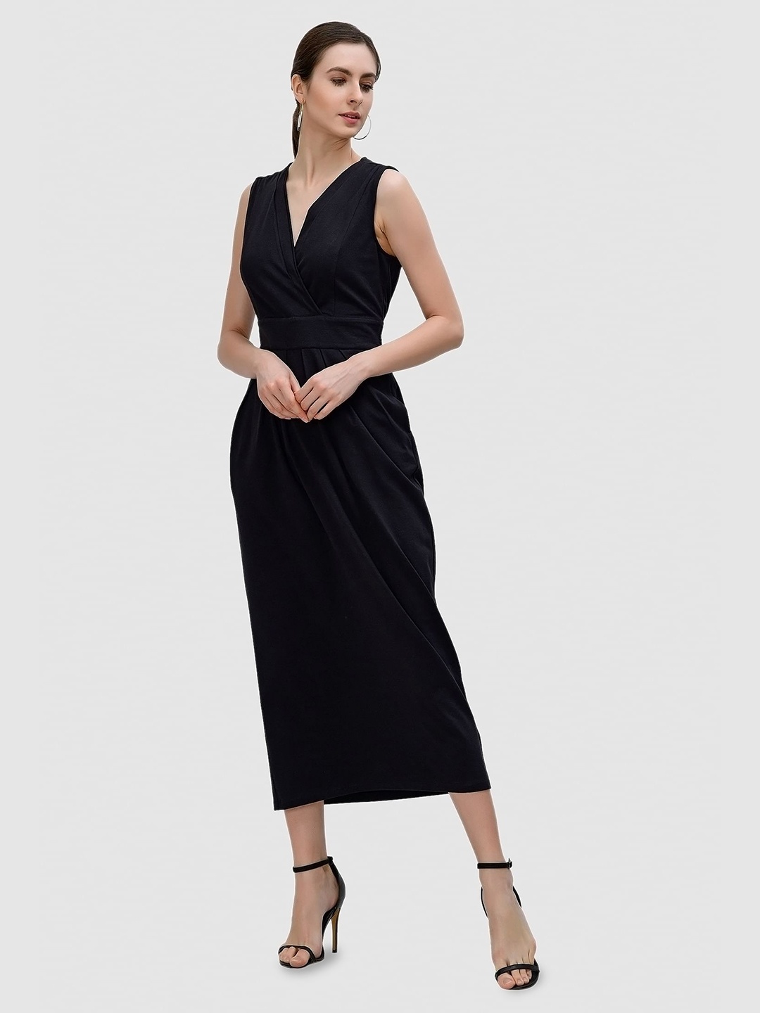 

Zapelle V-Neck Cotton Sheath Midi Dress, Black