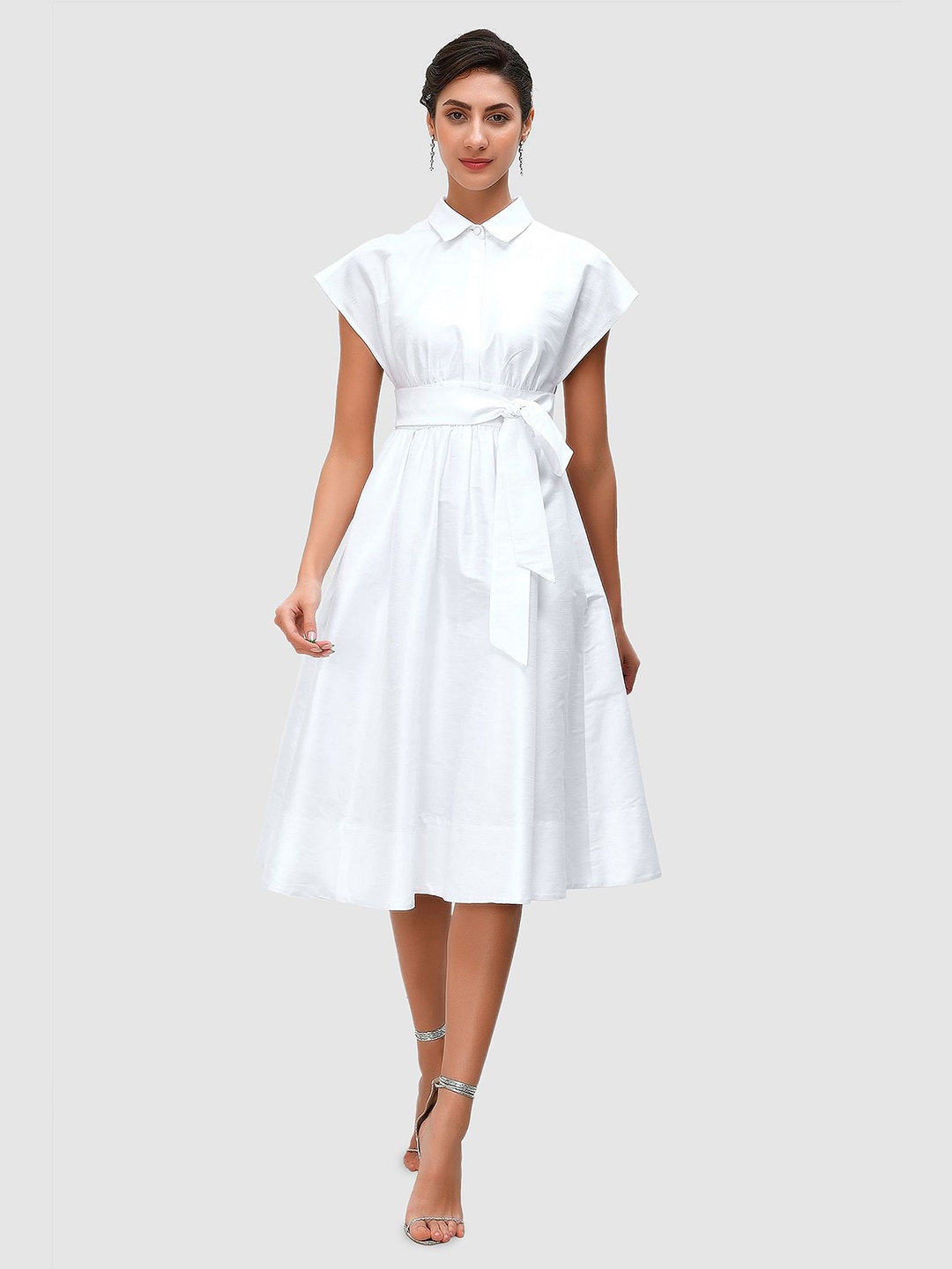 

Zapelle Shirt Collar Silk Fit & Flare Dress With Belt, White