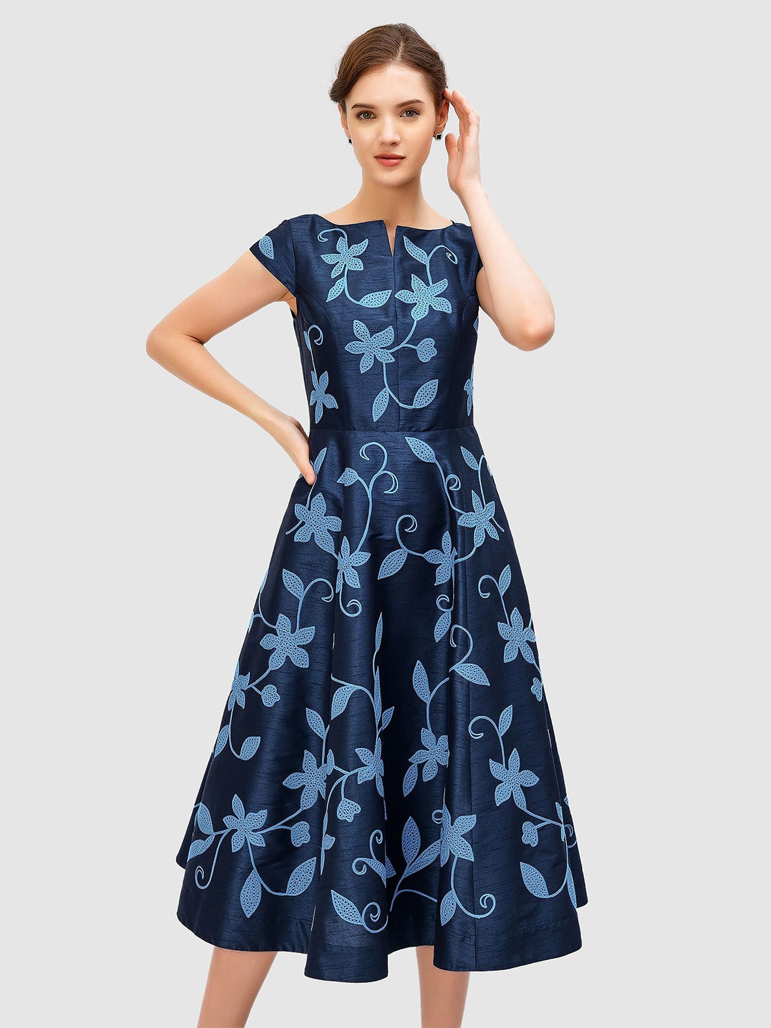 

Zapelle Boat Neck Floral Embroidery Midi A-line dress, Navy blue