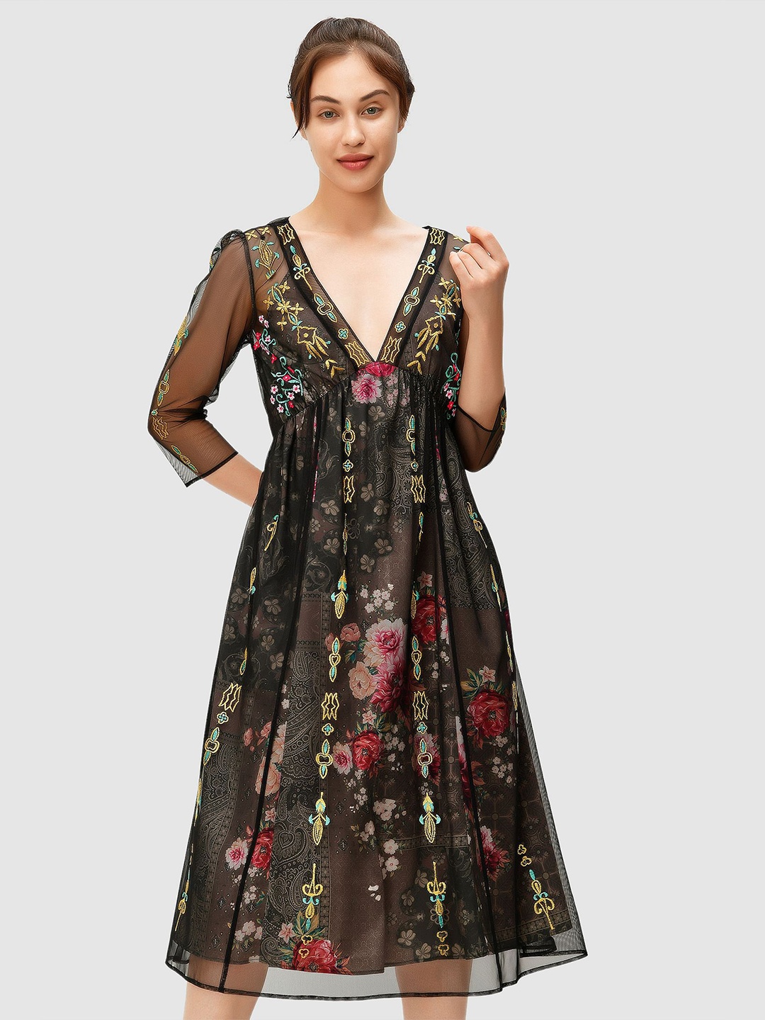 

Zapelle Black Floral Print Crepe Fit & Flare Midi Dress