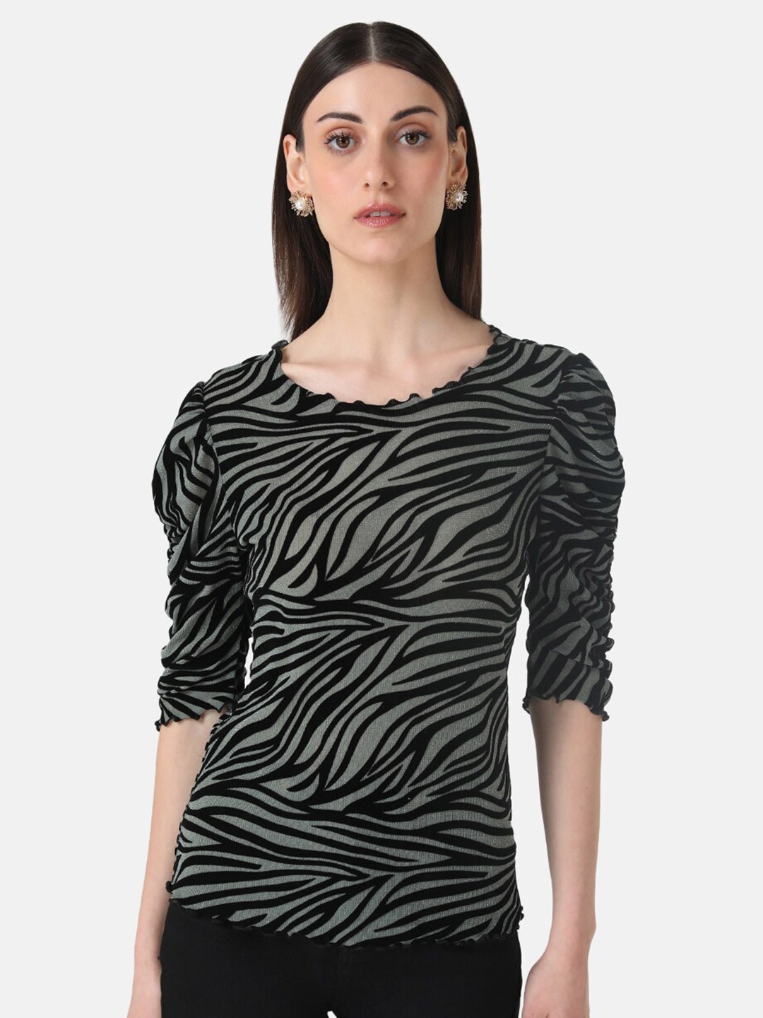 

Kazo Abstract Printed Puff Sleeves Top, Grey