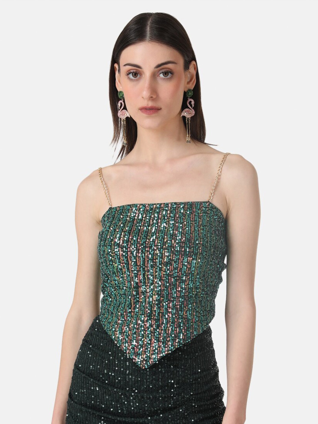 

Kazo Shoulder Straps Sleeves Sequined Crop Top, Green