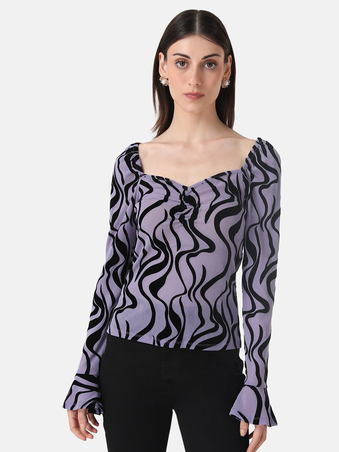 

Kazo Abstract Printed Sweetheart Neck Bell Sleeves Top, Lavender