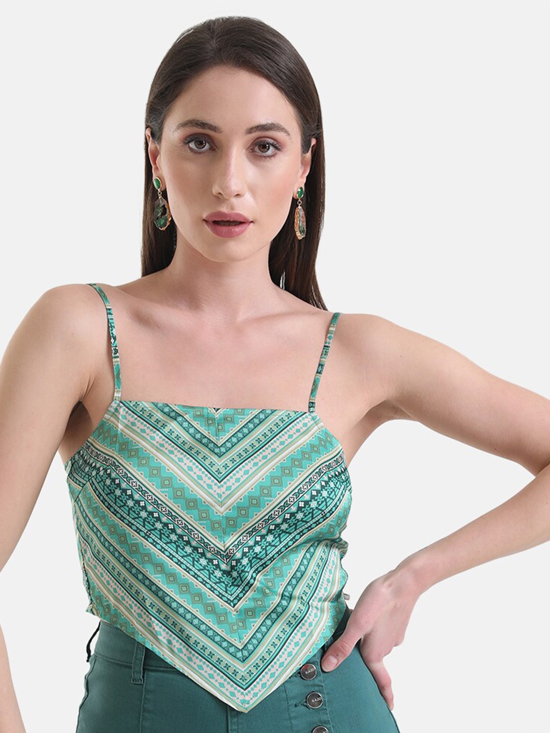 

Kazo Ethnic Motifs Printed Shoulder Straps Satin Crop Top, Green