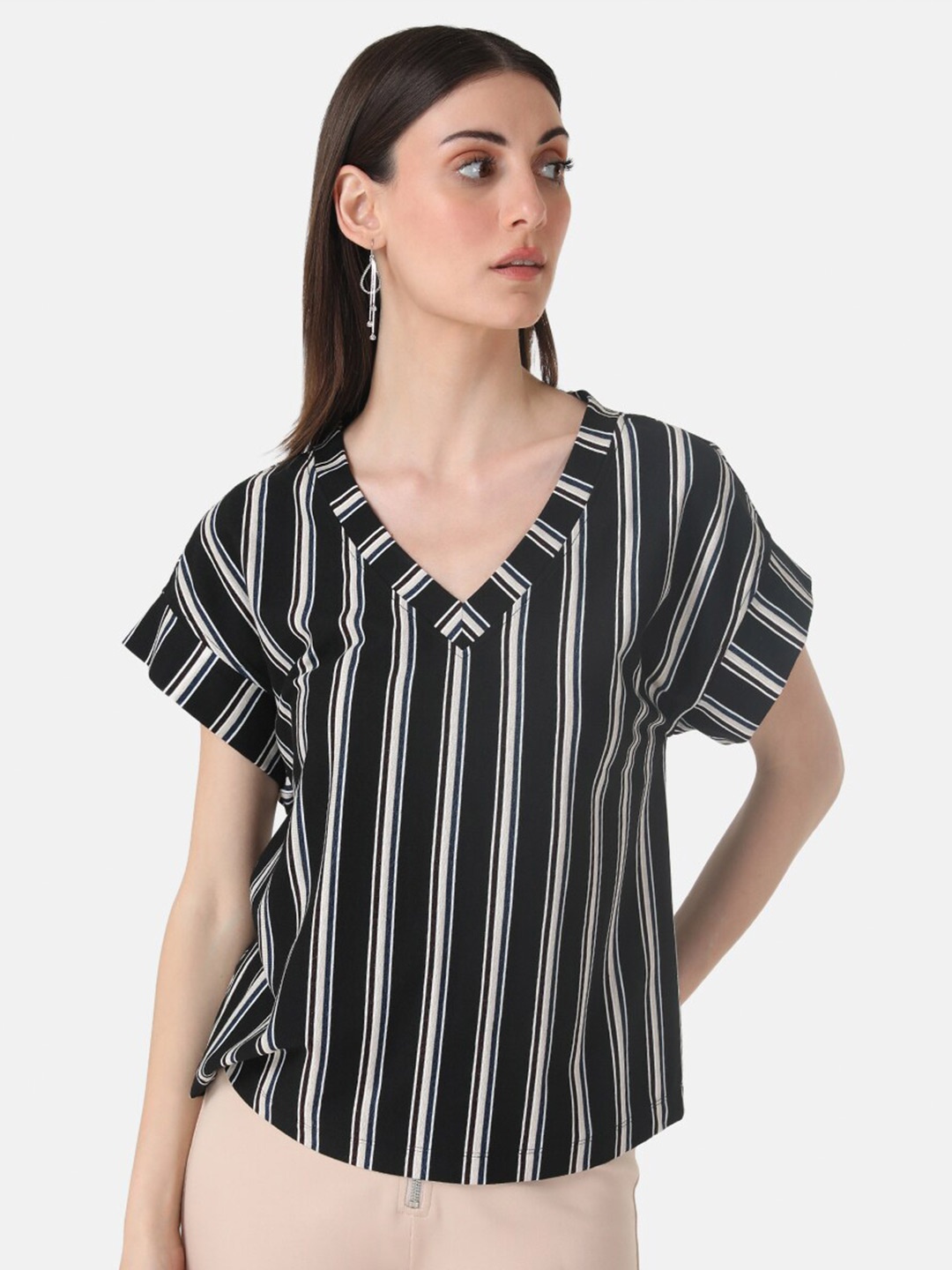 

Kazo Striped Extended Sleeves V-Neck Top, Black