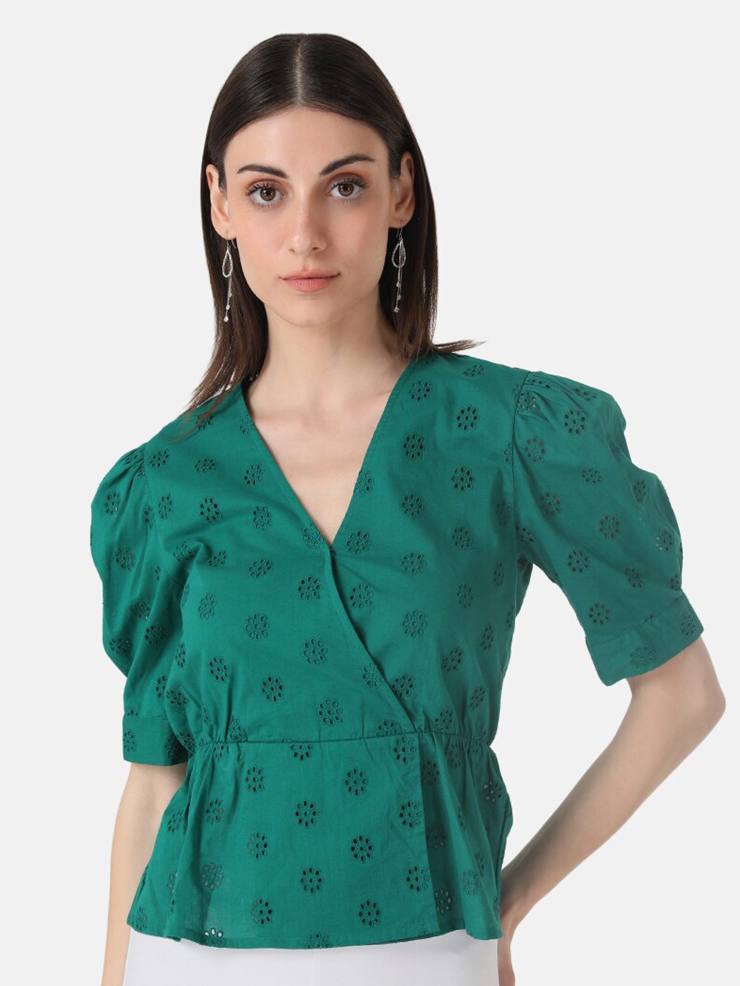 

Kazo Floral Self Design Cotton V-Neck Puff Sleeves Peplum Top, Green