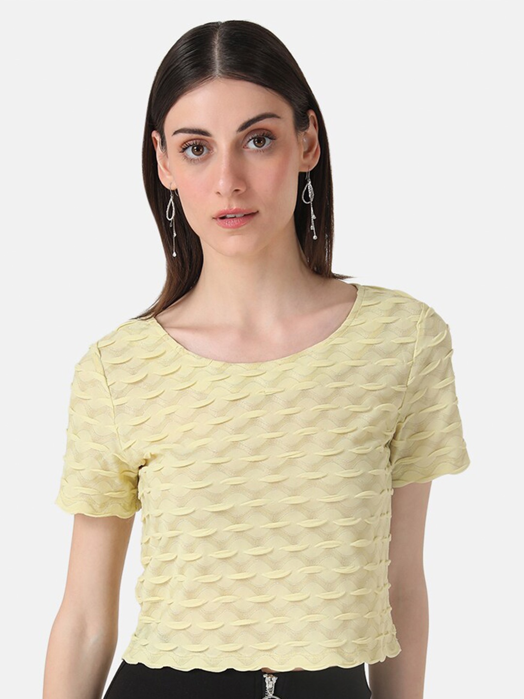 

Kazo Abstract Self Design Round Neck Top, Yellow