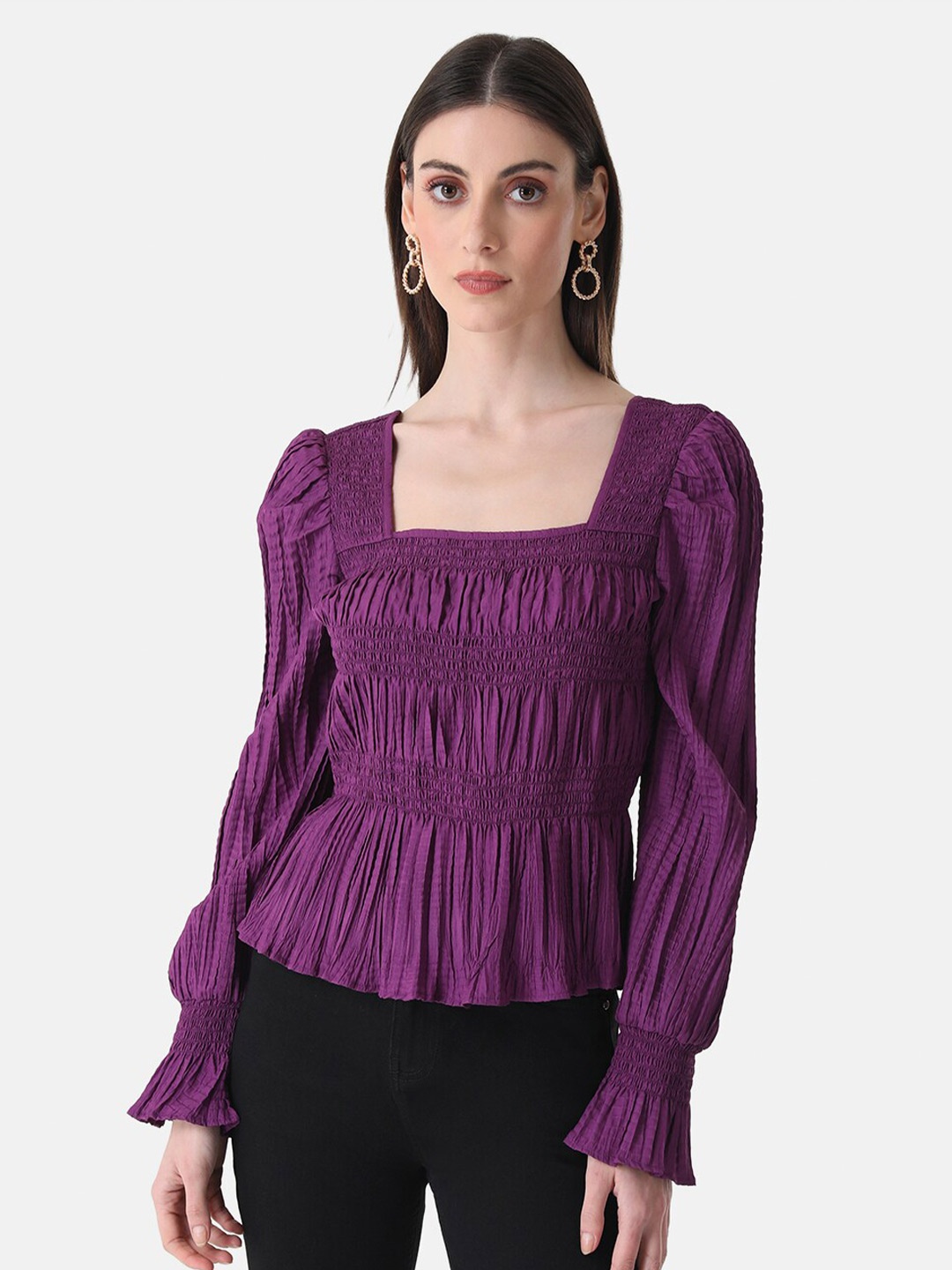 

Kazo Puff Sleeves Square Neck Smocked Top, Purple