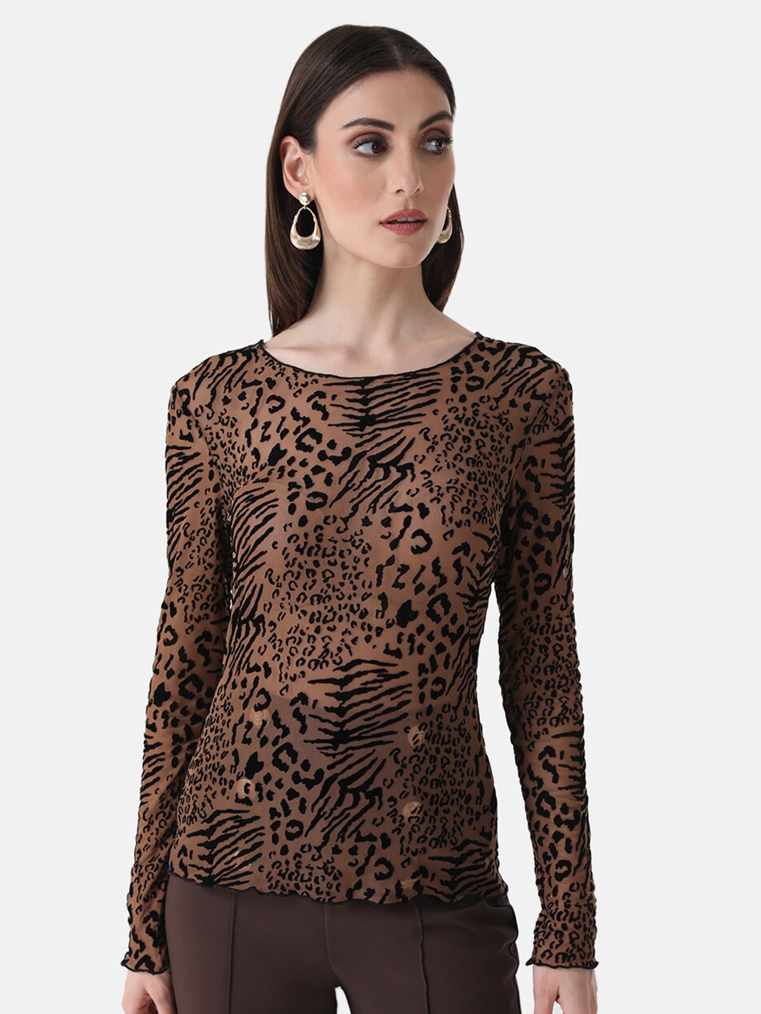 

Kazo Animal Printed Round Neck Long Sleeves Top, Brown