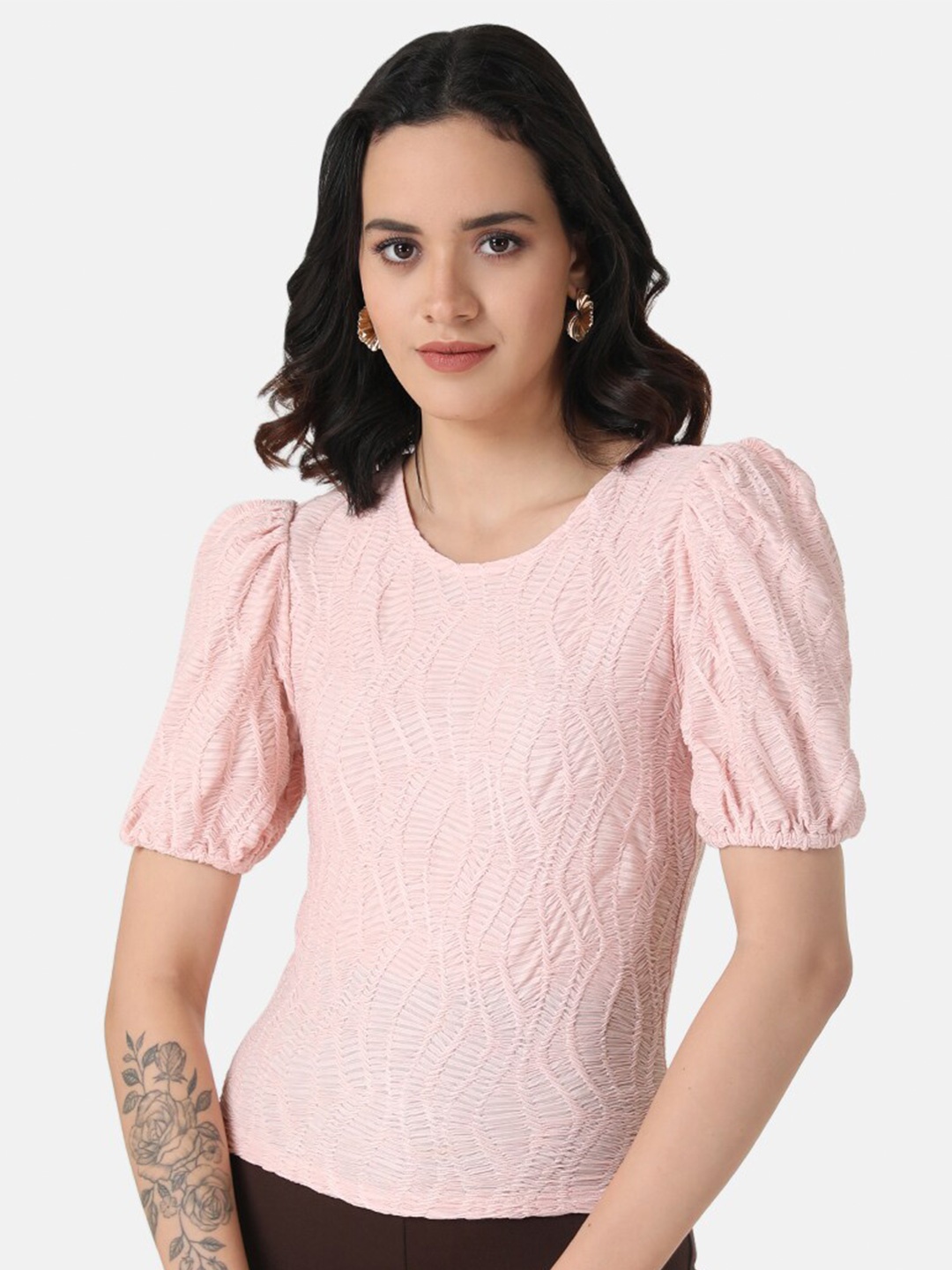 

Kazo Abstract Self Design Round Neck Puff Sleeve Top, Pink