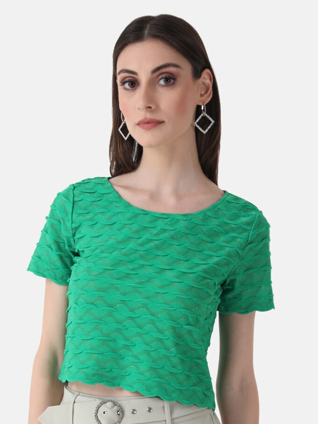 

Kazo Abstract Self Design Round Neck Top, Green