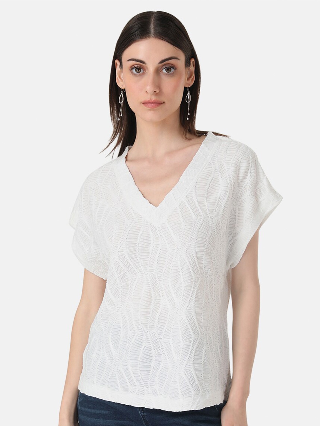 

Kazo Abstract Self Design V-Neck Extended Sleeves Top, White