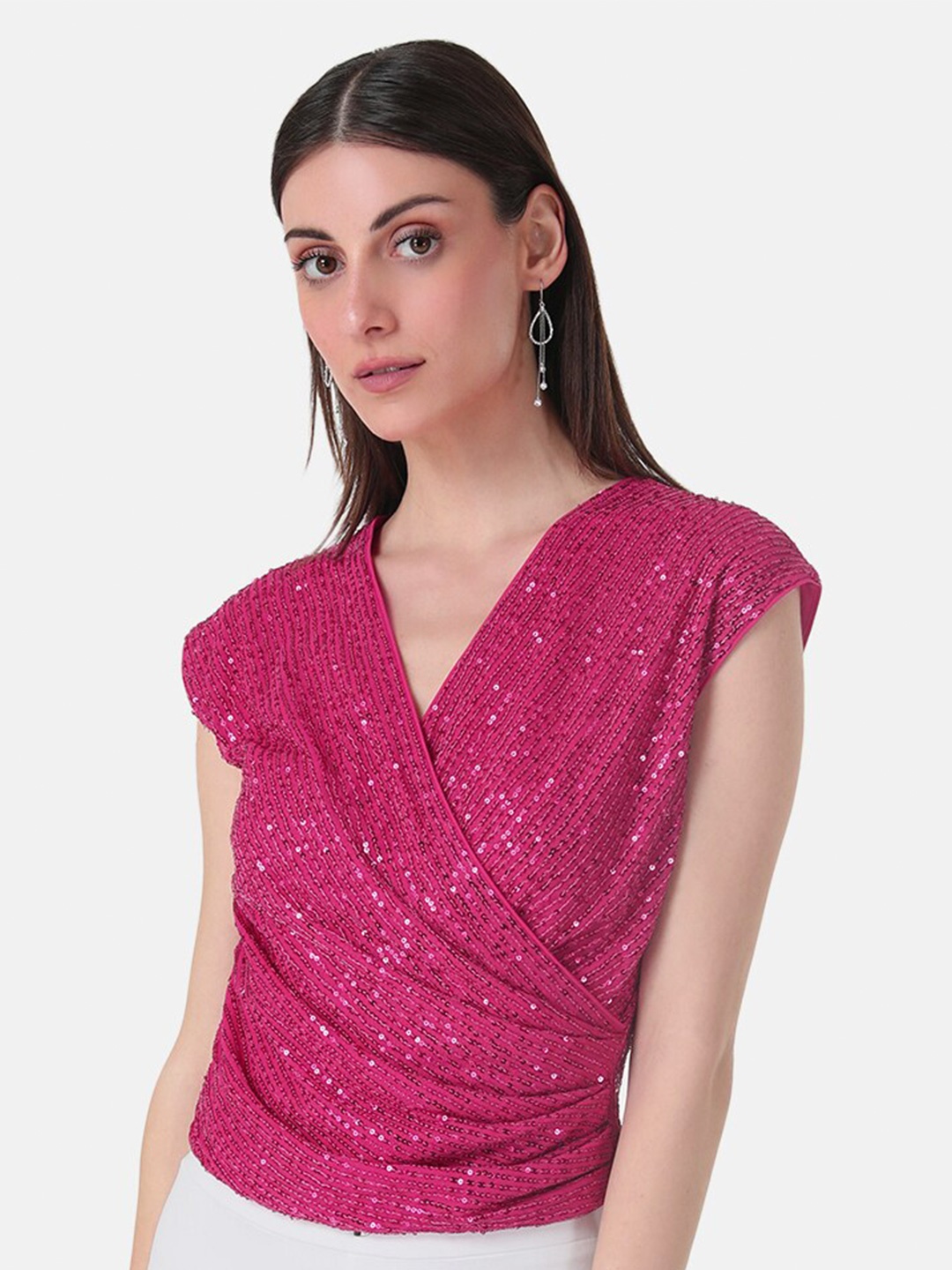 

Kazo Embellished Sequined V-Neck Extended Sleeves Wrap Top, Pink