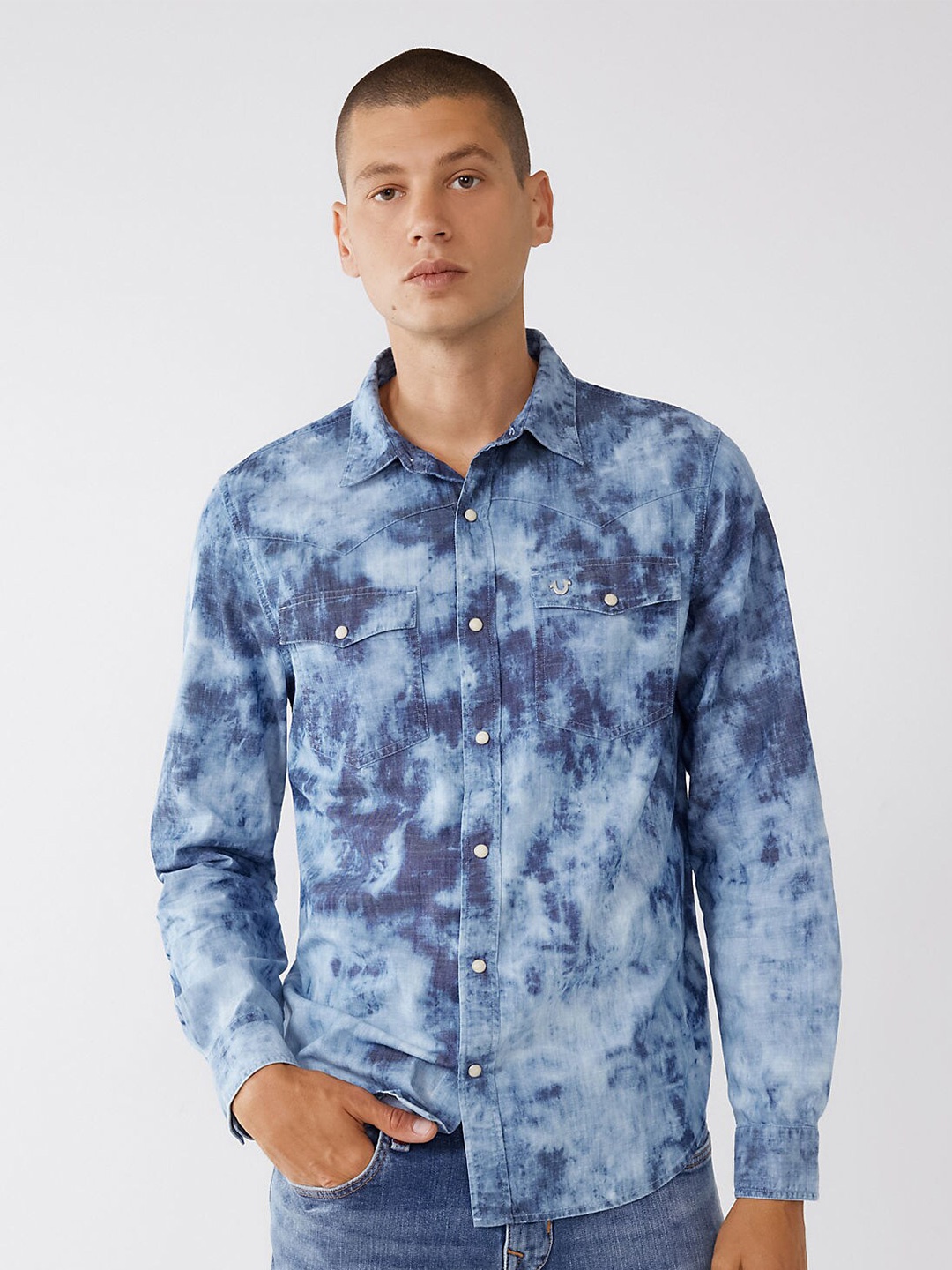 

True Religion Bleached Opaque Casual Pure Cotton Shirt, Blue