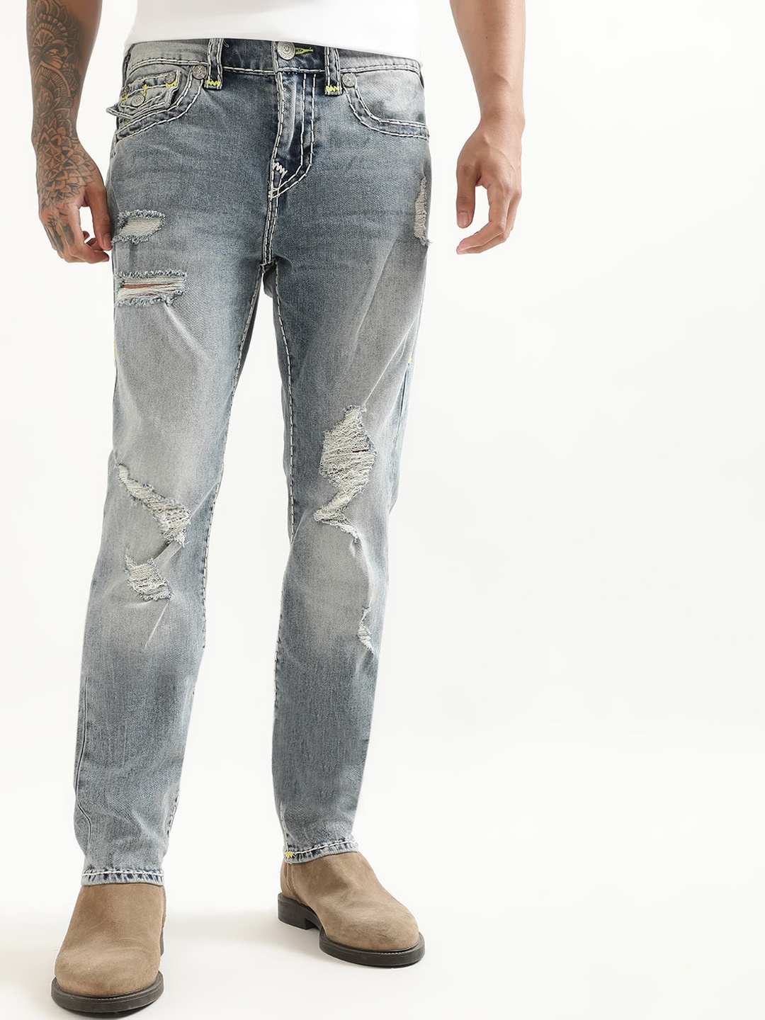 

True Religion Men Rocco Super T Skinny Fit Highly Distressed Heavy Fade Jeans, Blue