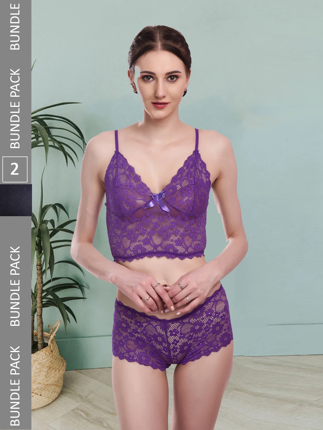 

Fleurt Pack Of 2 Self-Design Lace Lingerie Set Fleurt-Set-170-PR-Bikini RG-L, Purple