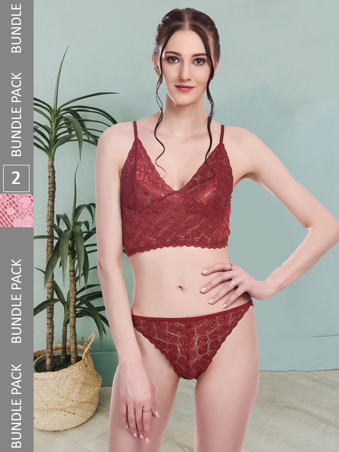 

Fleurt Pack Of 2 Self-Design Lingerie Set - Fleurt-Set-170-NEW-MR-206-PK-S, Maroon