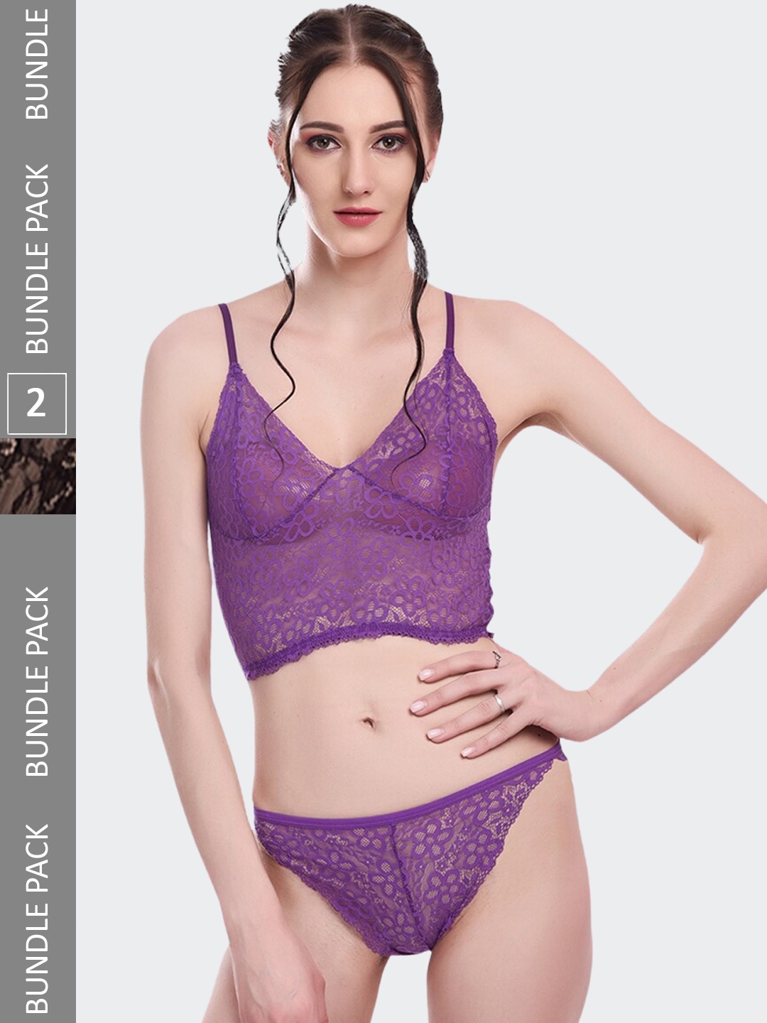 

Fleurt Pack Of 2 Self-Design Lace Lingerie Set Fleurt-Set-170-NEW-PR-206-BK-L, Purple