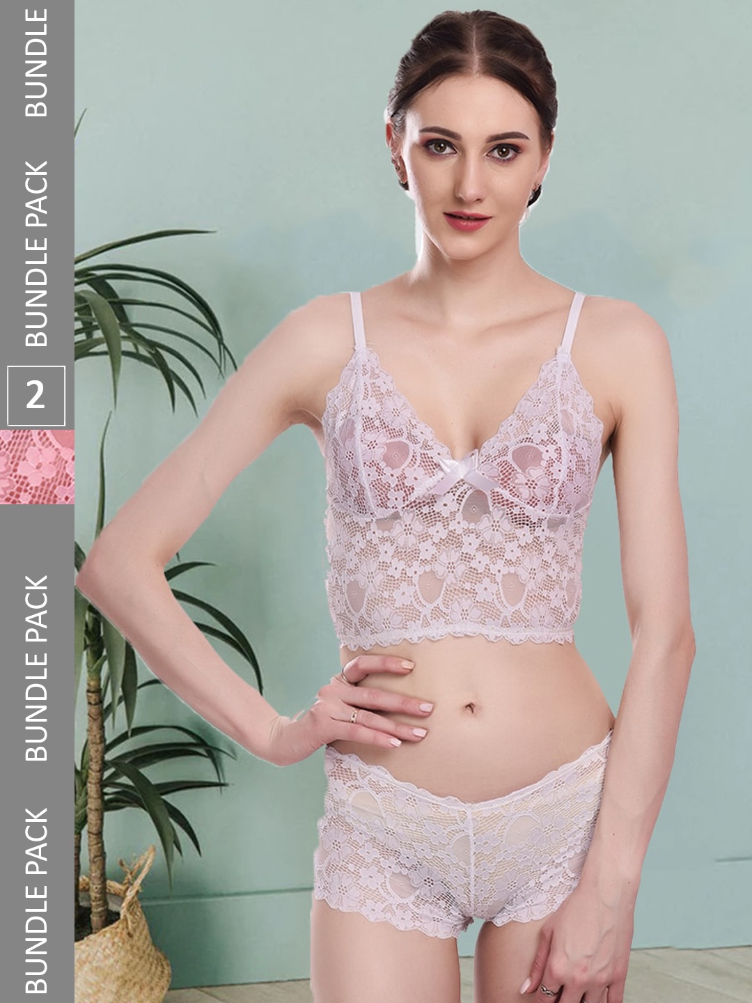 

Fleurt Pack Of 2 Self-Design Lace Lingerie Set Fleurt-Set-170-WH-206-PK-L, White