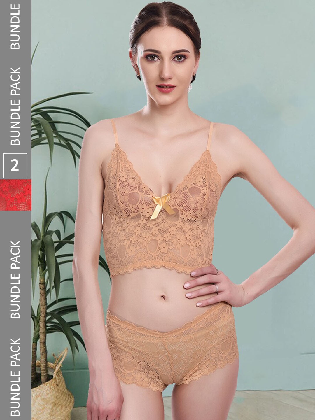 

Fleurt Pack Of 2 Self Designed Laced Lingerie Sets Fleurt-Set-170-GD-170-RD-S, Gold