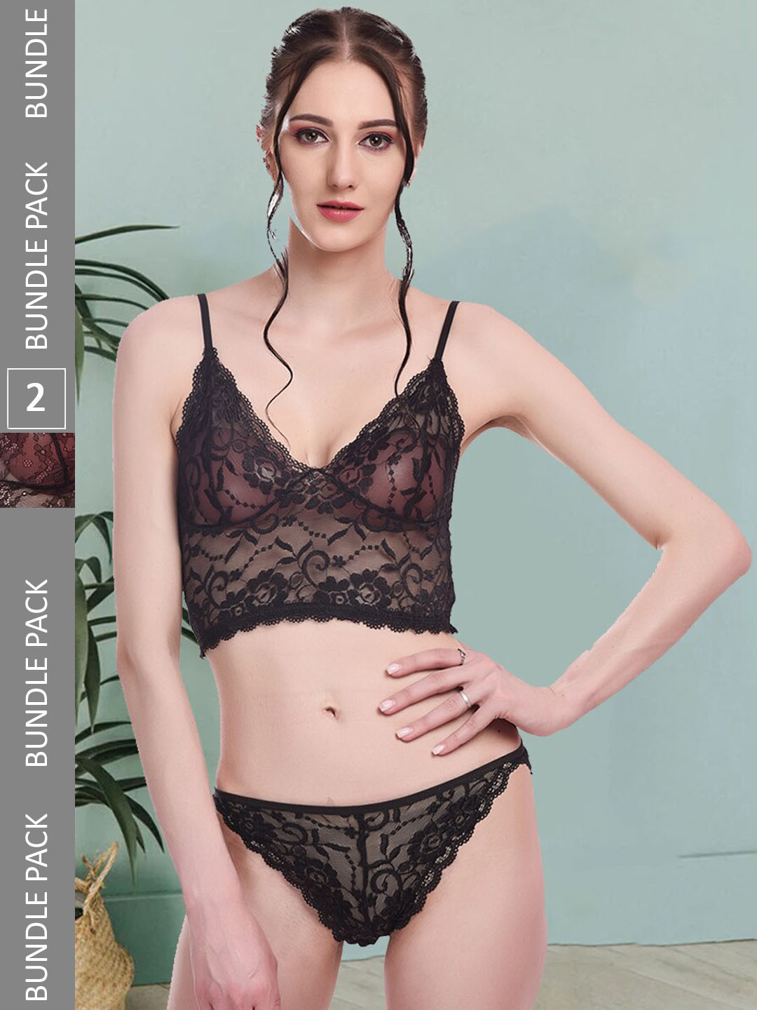 

Fleurt Pack Of 2 Self-Design Lingerie Set Fleurt-Set-170-NEW-BK-170-BK-S, Black