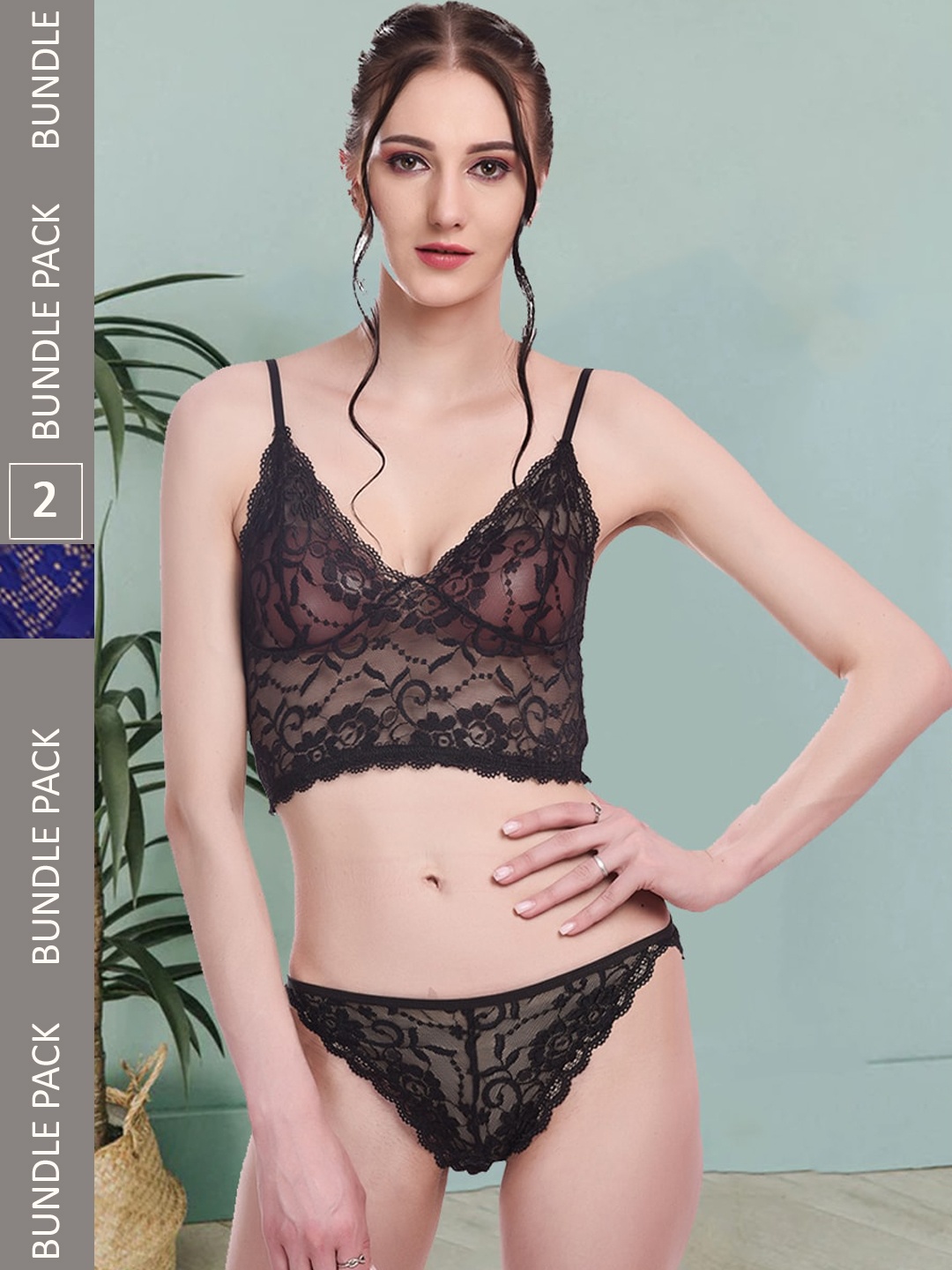 

Fleurt Pack Of 2 Self-Design Lace Lingerie Set Fleurt-Set-170-NEW-BK-206-R.BL-S-Black