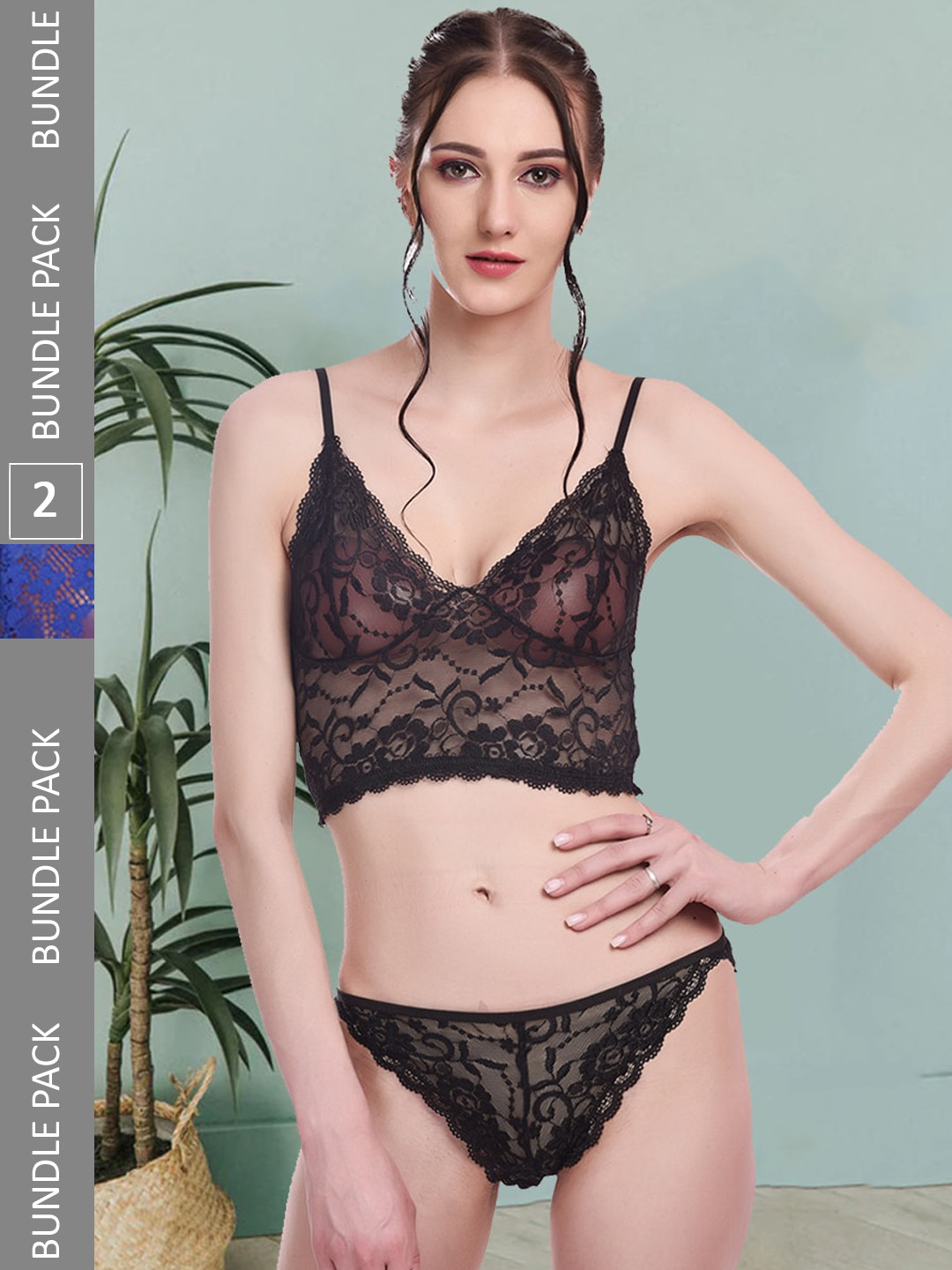 

Fleurt Pack Of 2 Self-Design Lingerie Set Fleurt-Set-170-NEW-BK-170-R.BL-SvendorHSN, Black