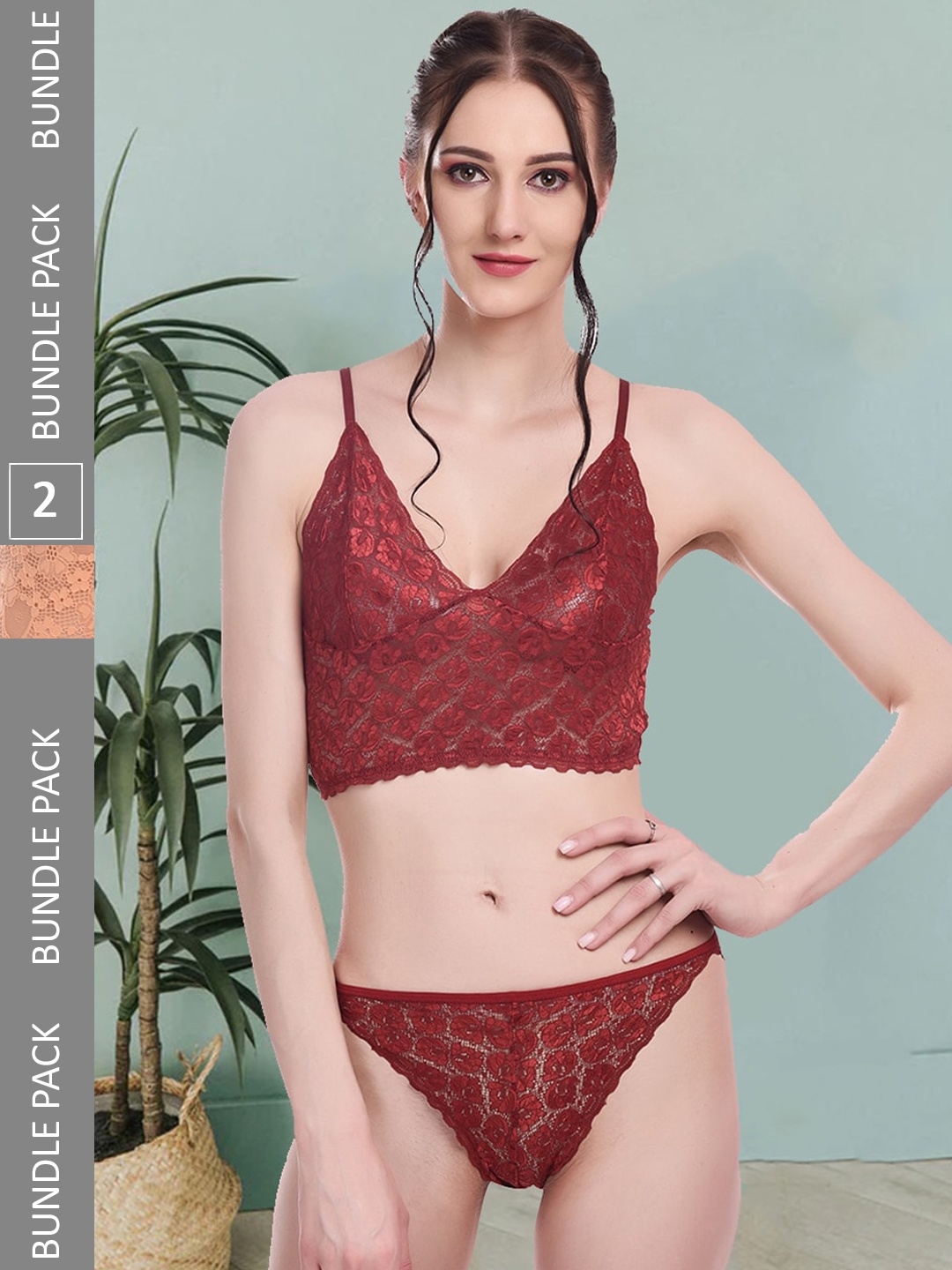 

Fleurt Pack Of 2 Self Design Laced Lingerie Set Fleurt-Set-170-NEW-MR-170-GD-L, Maroon