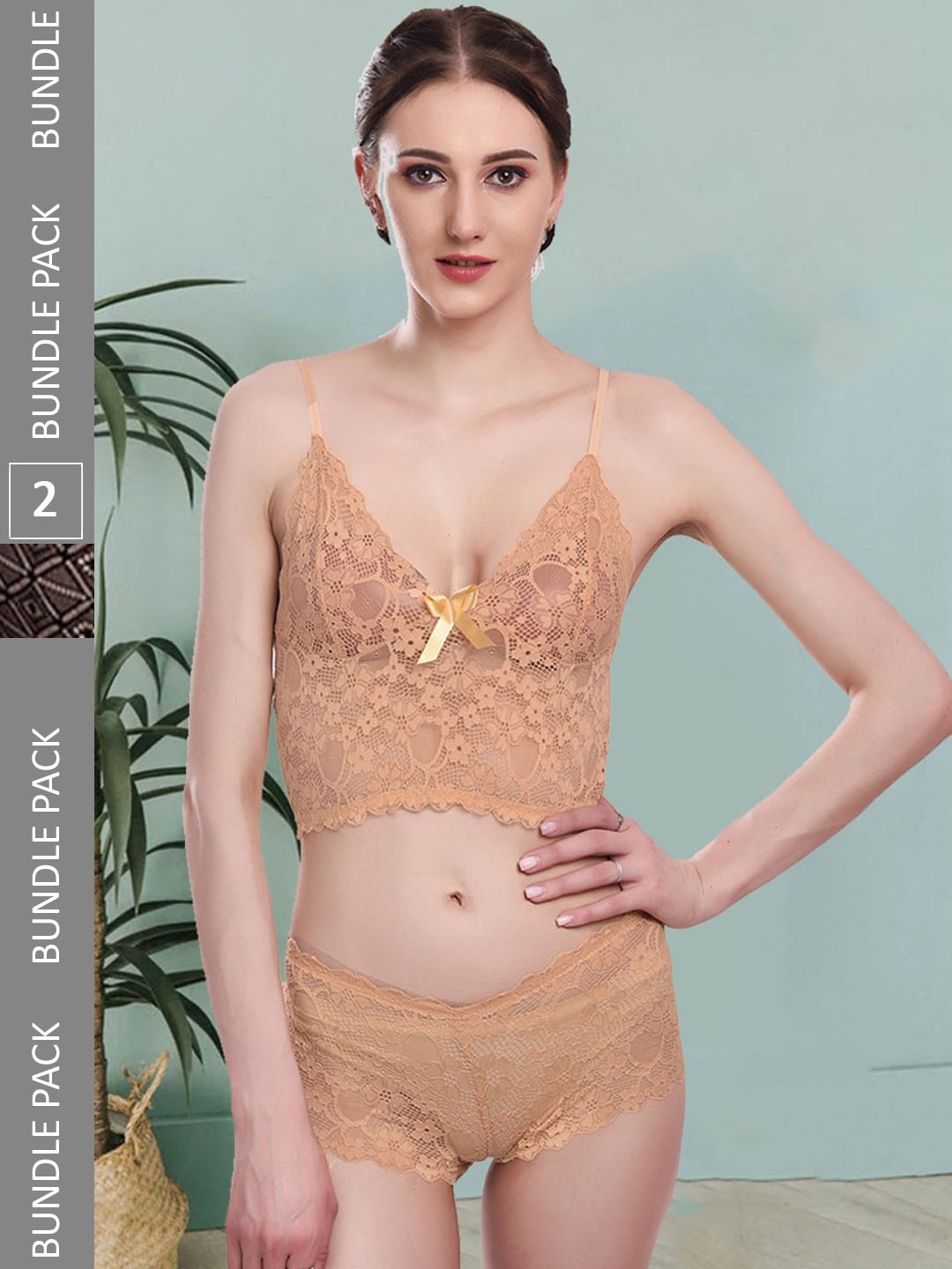 

Fleurt Pack Of 2 Self-Designed Lingerie Set Fleurt-Set-170-GD-208-NEW-BK-S, Gold