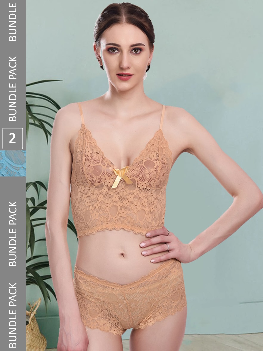 

Fleurt Pack Of 2 Self-Design Lingerie Set Fleurt-Set-170-GD-206-S.BL-L, Gold