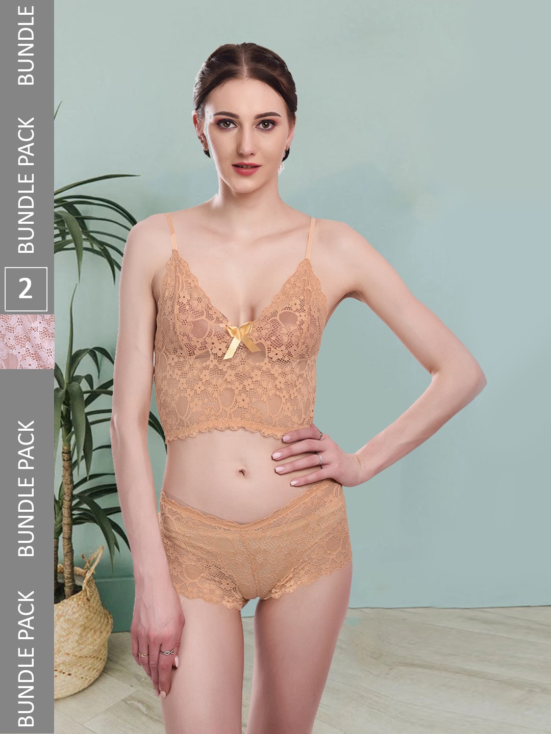 

Fleurt Pack Of 2 Self-Design Lingerie Set Fleurt-Set-170-GD-170-WH-L, Gold