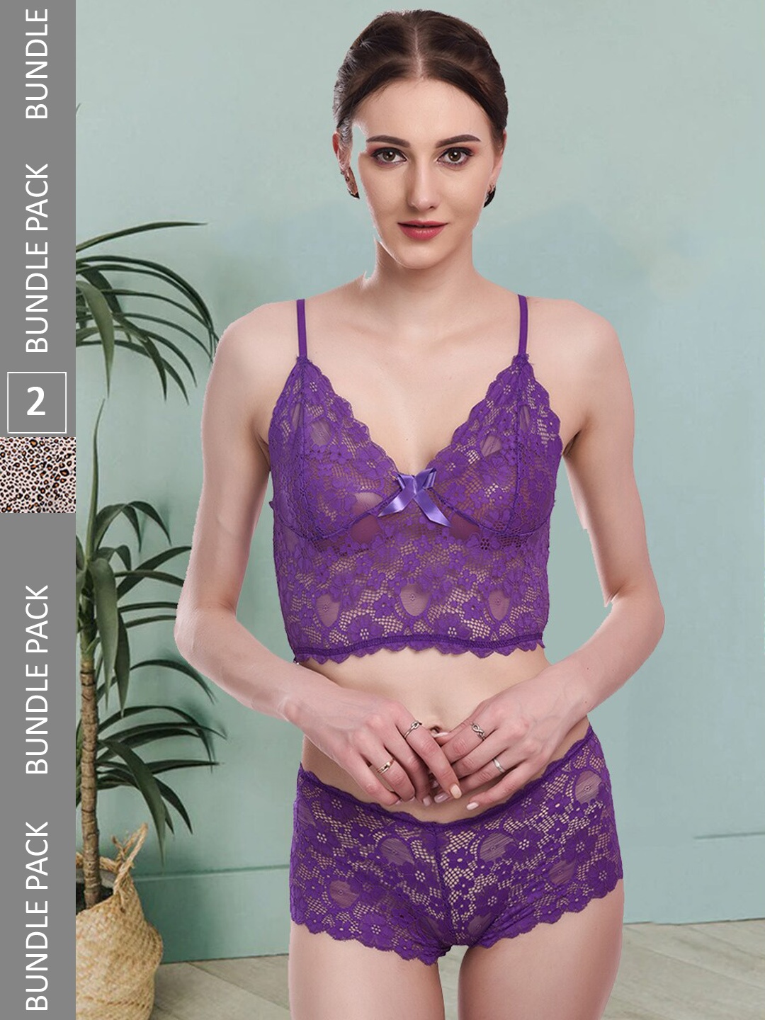 

Fleurt Pack Of 2 Self-Design Lace Lingerie Set Fleurt-Set-170-PR-Bikini AN-S, Purple