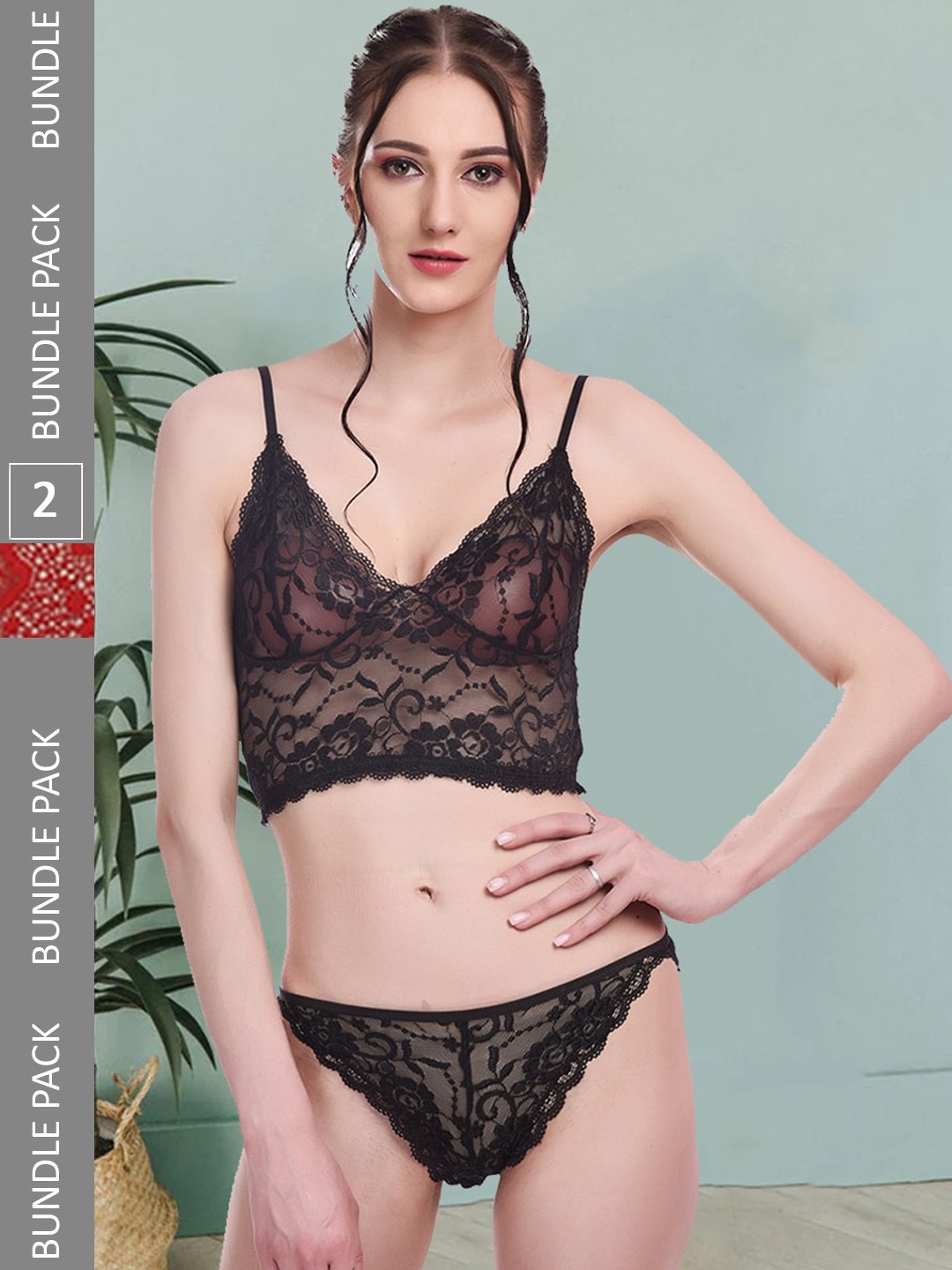 

Fleurt Pack Of 2 Self-Designed Lingerie Set Fleurt-Set-170-NEW-BK-208-NEW-RD-S, Black