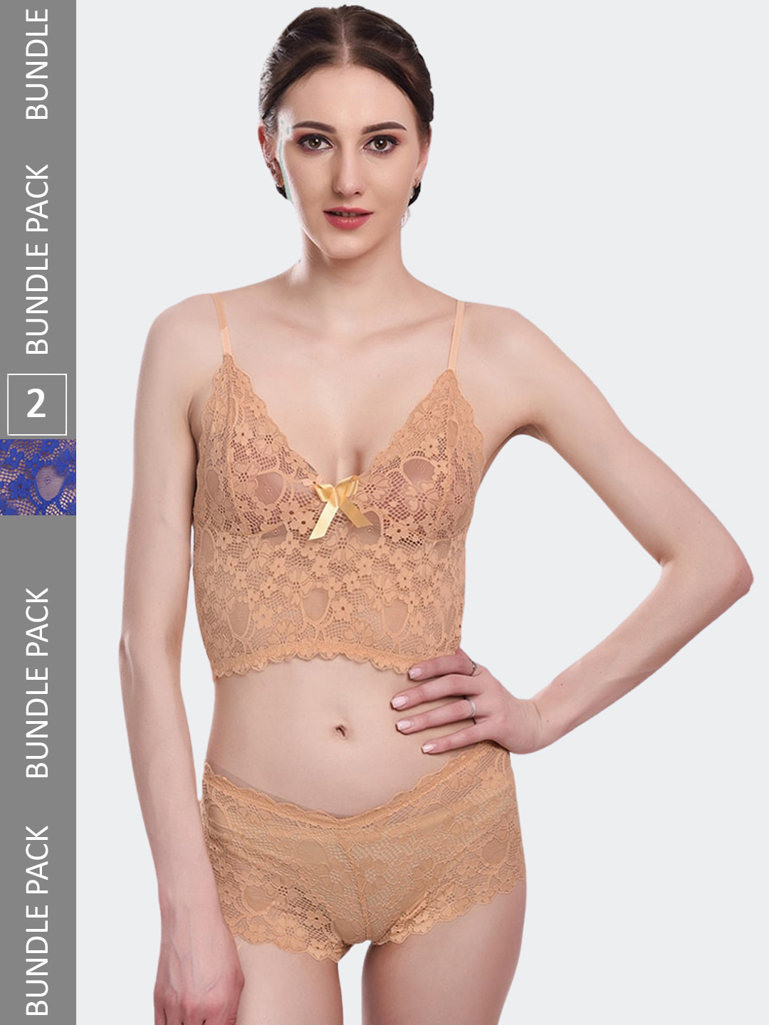 

Fleurt Pack Of 2 Self-Design Lingerie Set Fleurt-Set-170-GD-170-R.BL-S, Gold
