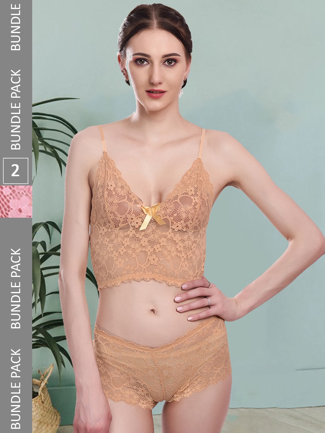 

Fleurt Pack Of 2 Self Design Lingerie Set Fleurt-Set-170-GD-206-PK-S, Gold