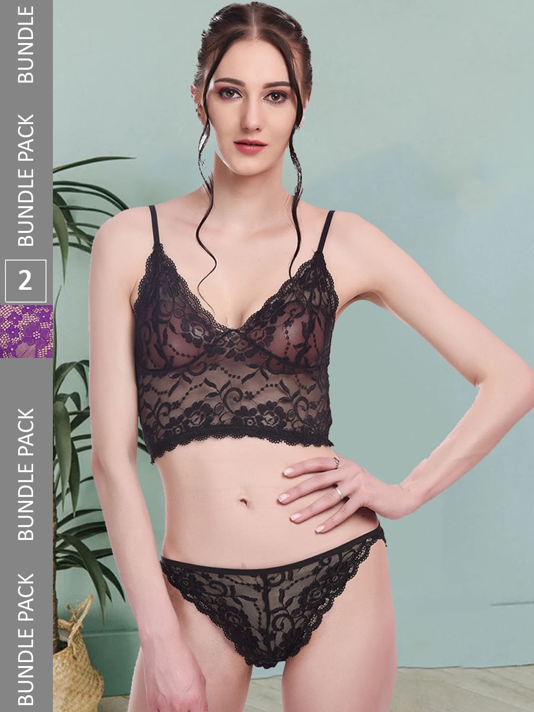 

Fleurt Pack Of 2 Self-Design Lingerie Set Fleurt-Set-170-NEW-BK-170-PR-S, Black