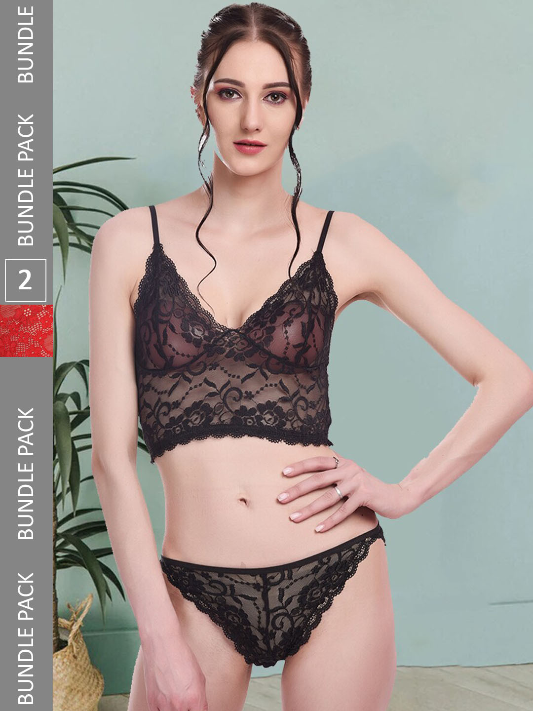 

Fleurt Pack Of 2 Self-Design Lingerie Set Fleurt-Set-170-NEW-BK-170-RD-S, Black