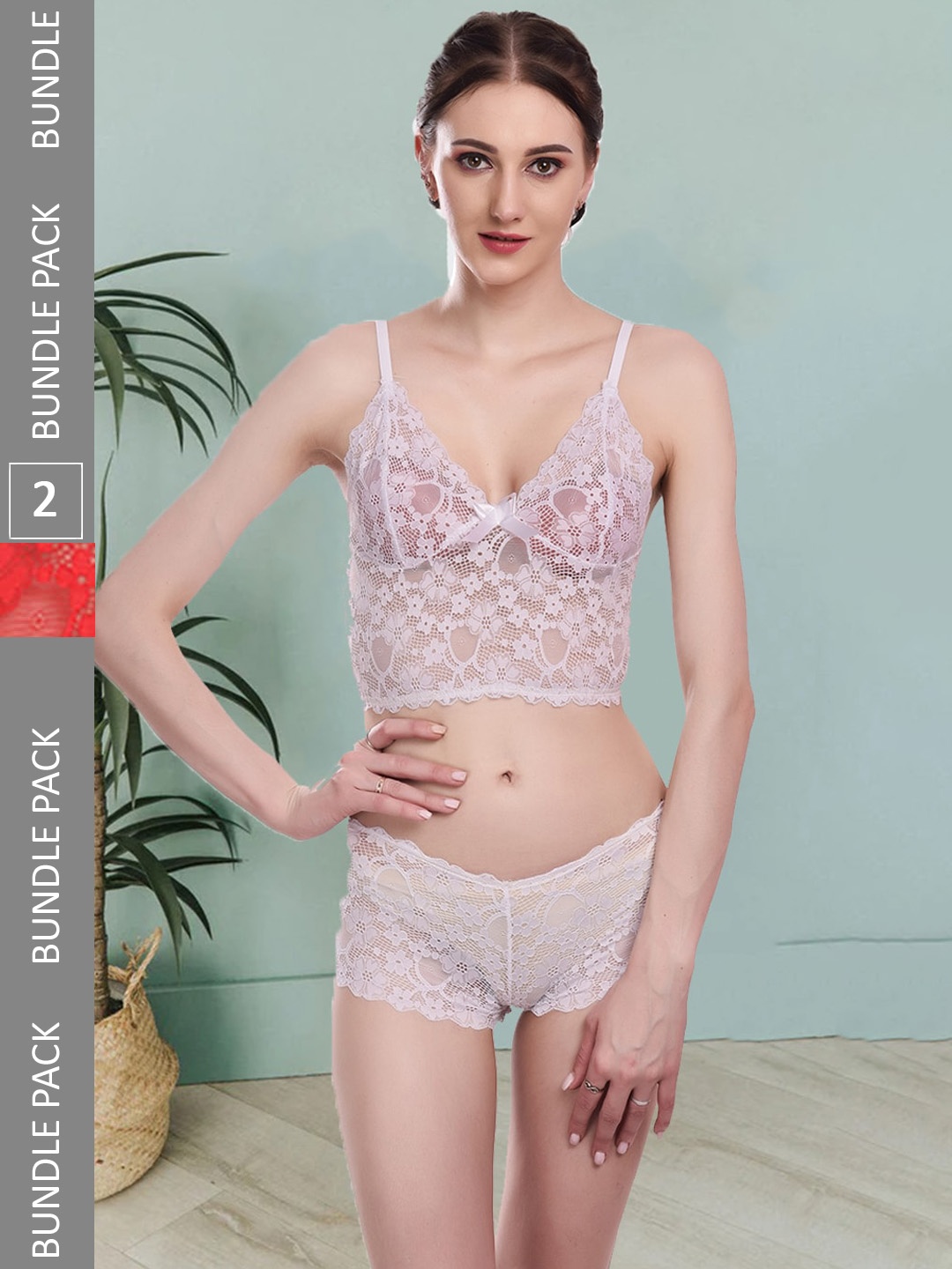 

Fleurt Pack Of 2 Self-Design Lingerie Set Fleurt-Set-170-WH-170-RD-M, White