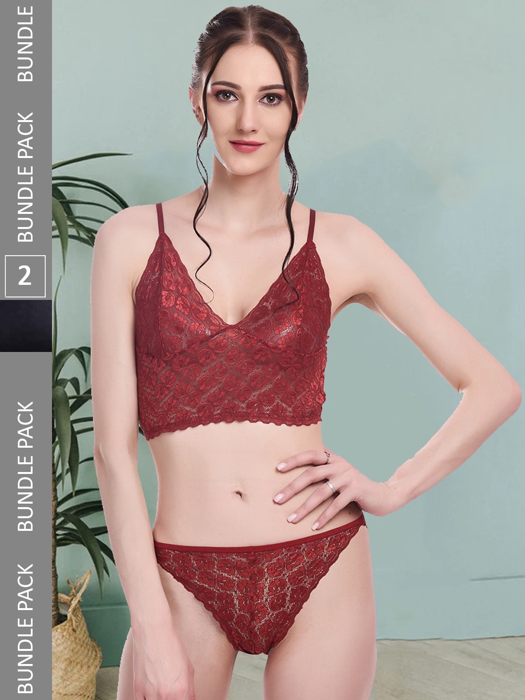 

Fleurt Pack Of 2 Non Padded Lingerie Set Fleurt-Set-170-NEW-MR-Bikini RG-S, Maroon