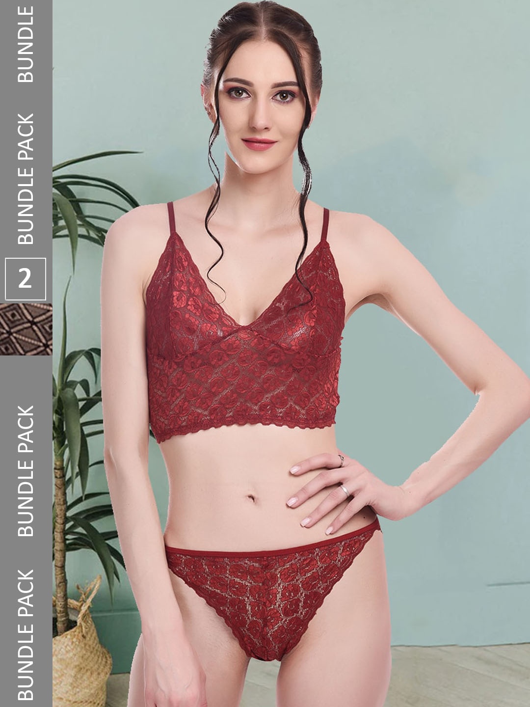 

Fleurt Pack Of 2 Self-Designed Lingerie Set Fleurt-Set-170-NEW-MR-208-NEW-BK-L, Maroon