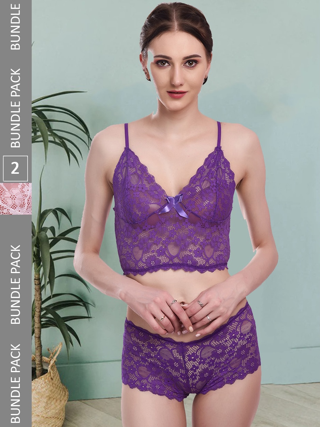 

Fleurt Pack Of 2 Self-Design Lace Lingerie Set Fleurt-Set-170-PR-170-WH-L, Purple