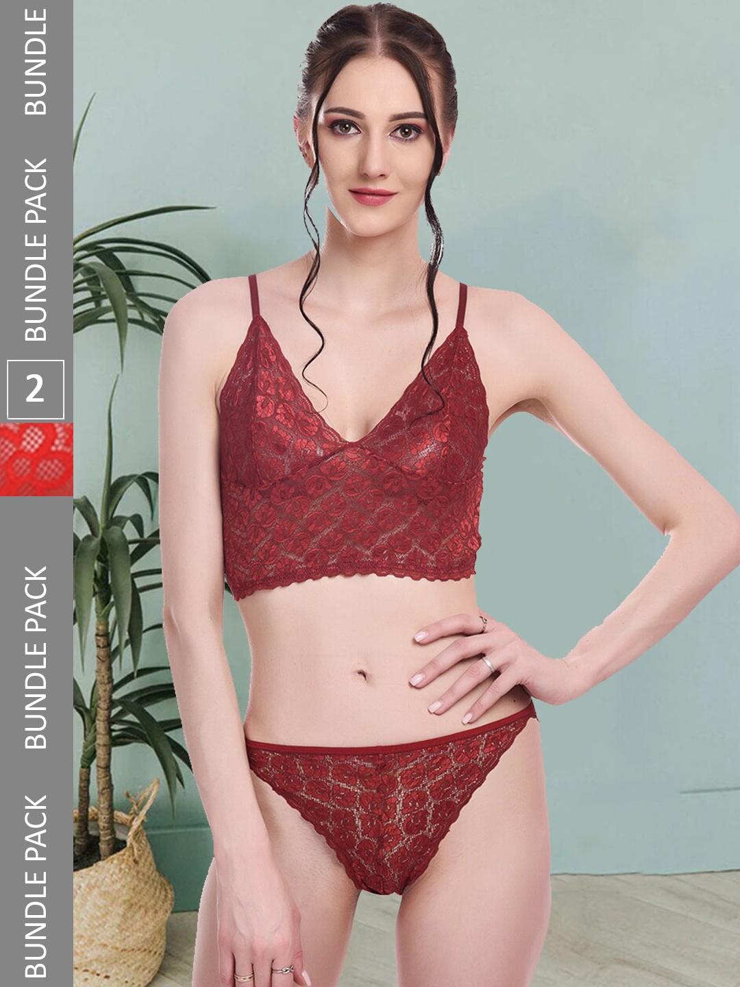 

Fleurt Pack Of 2 Self Design Lace Lingerie Set- Fleurt-Set-170-NEW-MR-206-RD-S, Maroon